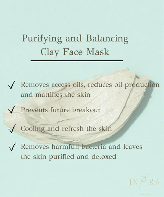 Ixora - Sebum Regulating Purifying and Balancing Clay Face Mask with Tea Tree, Eucalyptus Essential Oils, Aloe Vera, Peppermint Oil for Absorbing Excess Oil, Reducing Acne